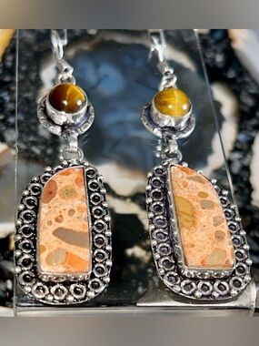 Tiger Eye & Birds Eye Rhyolite Jasper Earrings 2 1/2”